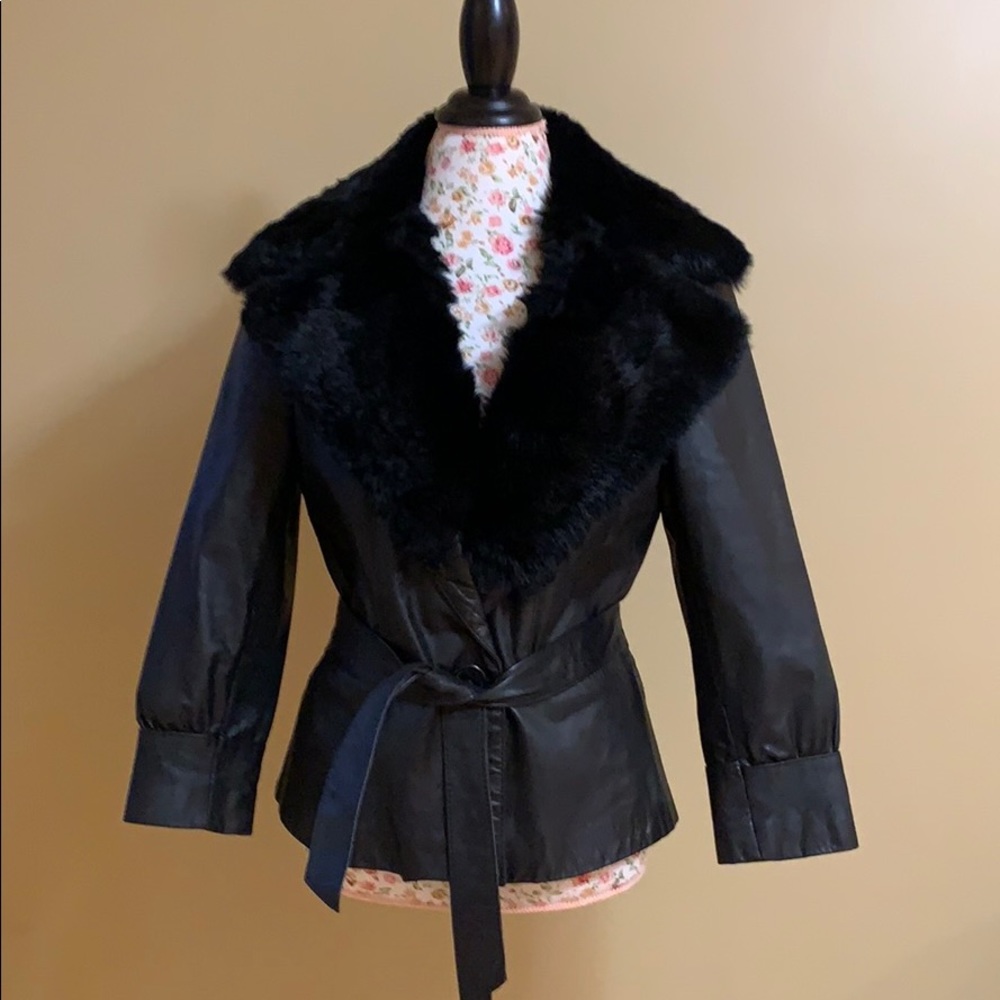 Leather jacket w/rabbit fur collar